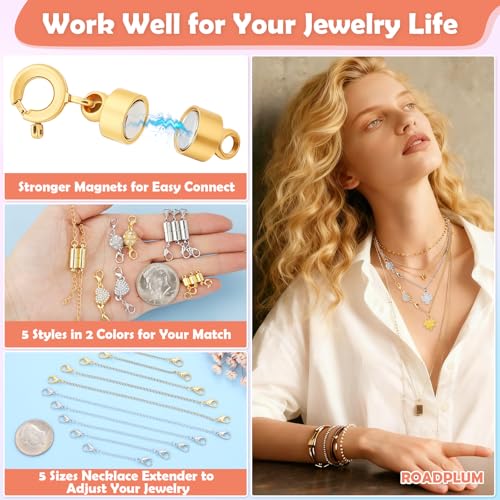 Image of ROADPLUM 30 Pcs Magnetic Necklace Clasp & Extender Chain Set, 5 Styles Strong Magnetic Jewelry Clasp with 5 Sizes Extender for Necklaces Bracelet Connector, Easy to Use for Women, Gold & Silver