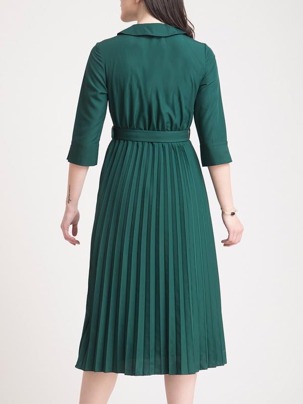 Image of FableStreet Women's Polyester Peter Pan Collar Pleated A Line Midi Dress |Women Formal Dress Smooth Fabric with Belted Waist & Front Slit for Office & Business Events