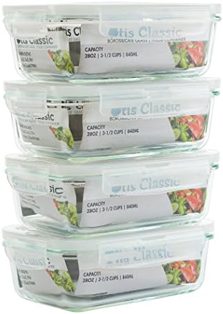 [4-Pack 28oz] Glass Food Storage Containers with Locking Lids - Glass Meal Prep Containers with Lids - Lunch Bento Boxes - 1 Compartment - 4pk Box Set - Transparent Lids - BPA Free and Dishwasher Safe