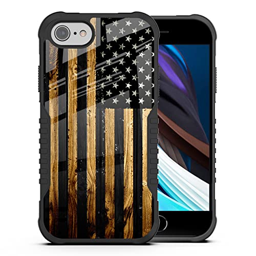 LANJINDENG for iPhone SE 2022/2020/7/8 Case for Men Boys, Classic Wood Grain Old American Flag Design Shockproof Anti-Scratch TPU Bumper Hard PC Back Protection Case for iPhone SE 3rd/2nd Gen/7/8/6