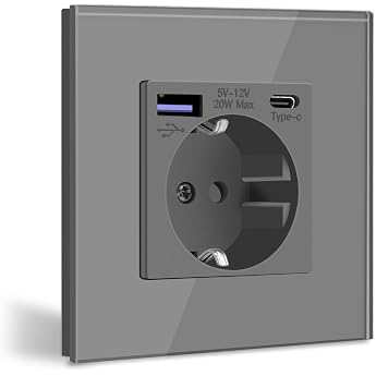 BSEED Schuko Socket with USB C 20 W Quick Charger USB Type C Wall Socket with Glass Panel, USB Socket Flush-Mounted, Built-in