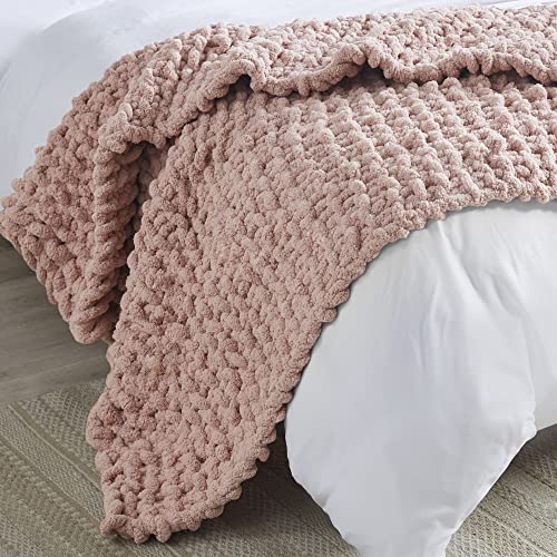 Madison Park Chenille Chunky Knit Handmade Throw, Luxurious And Classic Design, Elegantly Soft, Lightweight, Breathable Cover, Cottage Style Room Décor Summer Blanket, 50" W X 60" L, Blush #TOP3