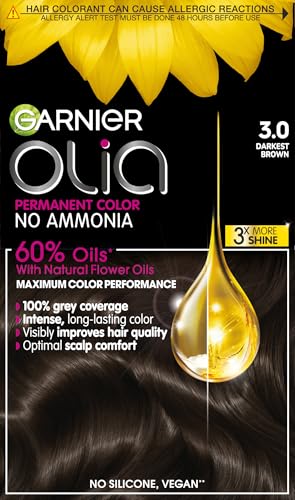 Garnier Olia Soft Black Permanent Hair Dye, Up to 100% Grey Hair Coverage, NO Ammonia, 60% Oils - 3.0 Darkest Brown