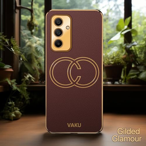 Image of Vaku Luxos Skylar Back Cover for Samsung Galaxy M34 5G with Leather Pattern Gold Electroplated Soft TPU Cover Shockproof Protective Case- Brown