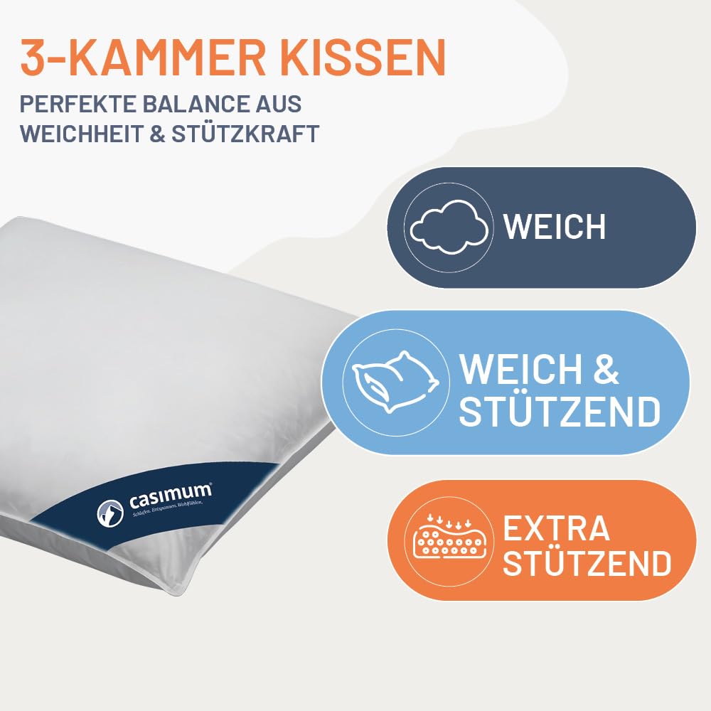 Daunenkissen 80x80 cm, Premium 3-Kammer Daunen Kopfkissen, Made in Germany | 90% Daunen (Außen), Daunen Kissen für Allergiker NOMITE, Dreikammerkissen aus 100% Baumwolle, OEKO-TEX STANDARD 100