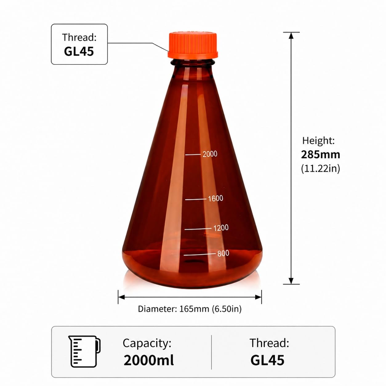 VIDOO Bursztynowa Kolba Erlenmeyera z Zakrętką GL, ze Szkła Borokrzemowego z Podziałką Laboratoryjna Kolba Stożkowa, GL45 2000ml