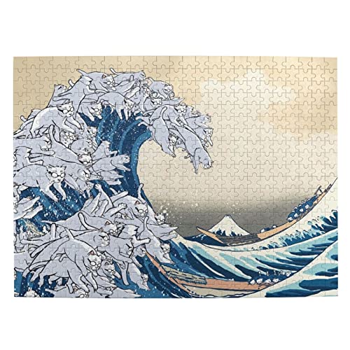 500ピース ジグソーパズル 可愛い猫 神奈川沖浪裏 パズル おもちゃ 木製 puzzle 人気 おしゃれ 壁飾り インテリア スジグソーパズル 知育玩具 子供 大人 Jigsaw アートフレーム 38x52cm 収納ケース付き 誕生日プレゼント 贈り物