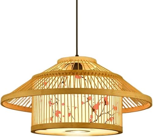 LYMSXAZOU Chinese Style Pendant Lights Rattan Cage Lamp Shade Retro Basket Hollow Faux Parchment Chandelier Natural Wicker Woven E27 Lighting Fixture