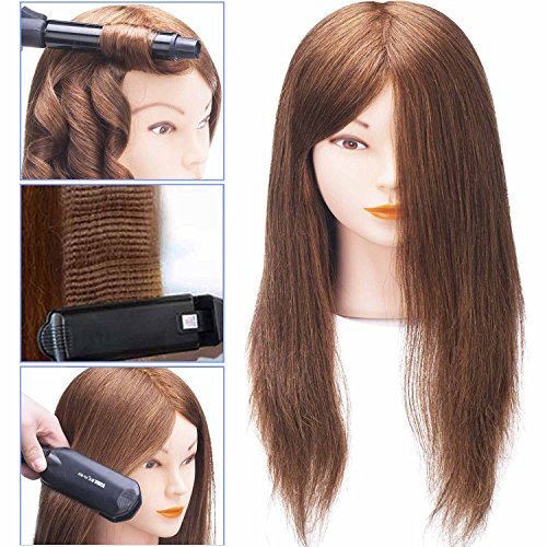 SILKY 100% Real Hair Mannequin Head with 9 Tools and Clamp, Hairdressers' Practice Training Head and Cosmotology Doll Head for Hairstyling and Braid - Dark Brown