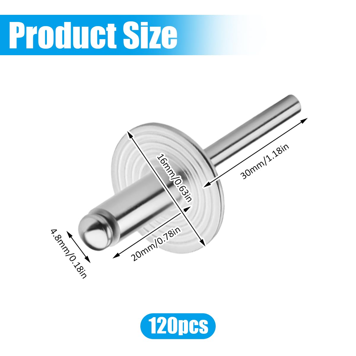 120 Pezzi Rivetti Ciechi in Alluminio, 4,8x16 mm Rivetti Flangiati Grandi, Rivetti Pop Argento, Set di Rivetti Ciechi, Rivetti Ciechi con Testa a Cupola, per la Lavorazione del Legno, Mobili, Lamiera