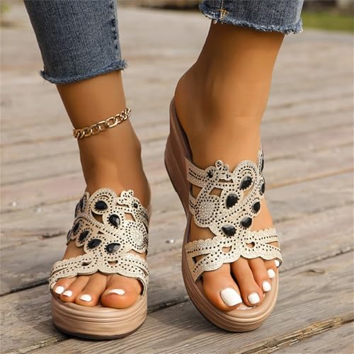 Women's Crystal Open Toe Wedge Sandals Slides 8cm High Heel Arch Support Platform Slippers Summer Slip-on Casual Sandals3