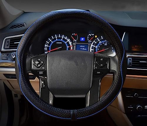 Image of Valleycomfy Steering Wheel Covers Universal 15.75 inch - Genuine Leather, Breathable, Anti Slip & Odor Free (Black with Blue Lines, L(15 inch 1 /2-16 inch))