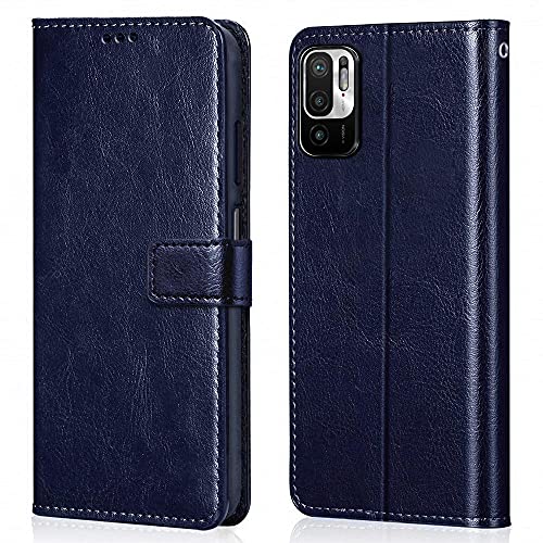 Image of WOW IMAGINE Shock Proof Flip Cover Back Case Cover for Xiaomi Redmi Note 10T 5G | Poco M3 Pro 5G (Flexible | Leather Finish | Card Pockets Wallet & Stand | Blue)
