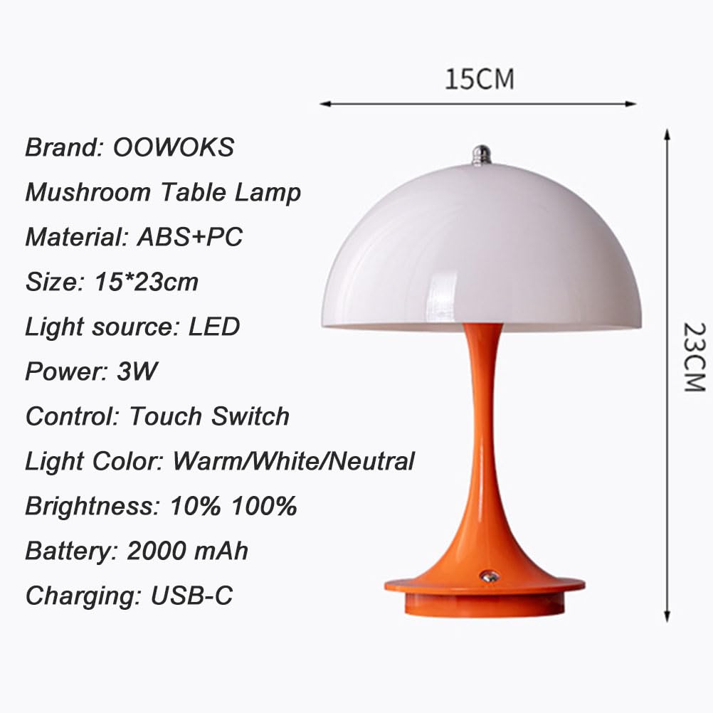 Lampada da tavolo a LED Senza fili Batteria Fungo Lampada da tavolo con Touch Dimmerabile Lampada da comodino Ricaricabile USB Lampada a fungo Moderna 3000K-6000K Luce da Scrivania a LED,Arancia