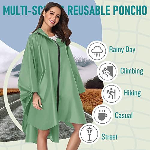 Saphirose Rain Poncho Jacket Coat For Adults Hooded Waterproof With Zipper Outdoor (Green) #TOP1