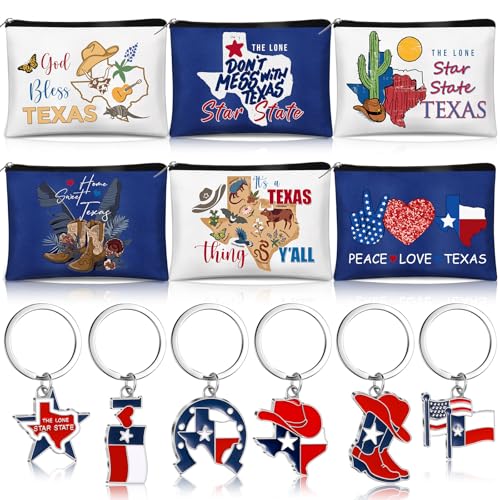 Landical 6 Sets Texas Souvenir Gifts Include 6 Pcs Texas Cosmetic Bag and 6 Pcs Metal Keychain for Women Traveler Christmas Party Gifts