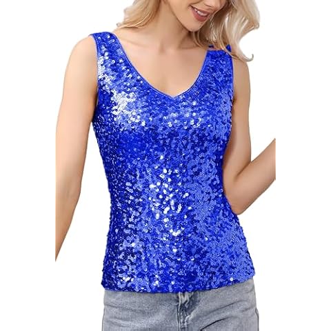 Anna-Kaci Women's Sparkly V-Neck Sequin Tank Tops Sleeveless Sexy Glitter Disco Club Party Vest, Blue, Medium Cover