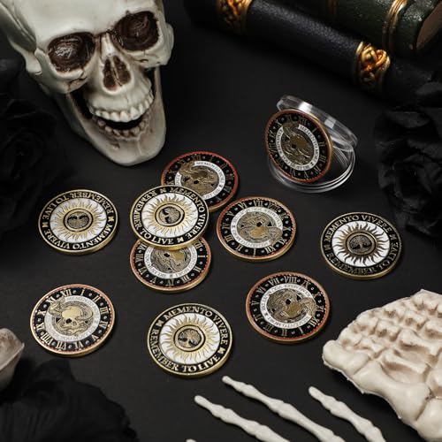 Image of Misdary 10 Pcs Souvenir Coin Mori Memento Vivere Reminder Token Metal Skull Challenge Coin Locket Stoicism Gift Challenge Reminder Pendant for Daily Practice Stoic (Gold Style