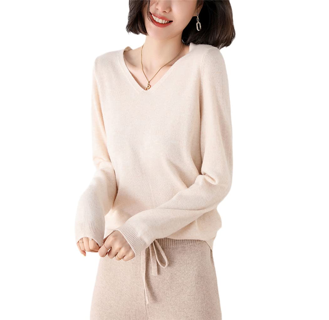 Maglione lavorato a maglia All-Match con scollo a V in lana da donna autunno inverno, Beige, XL