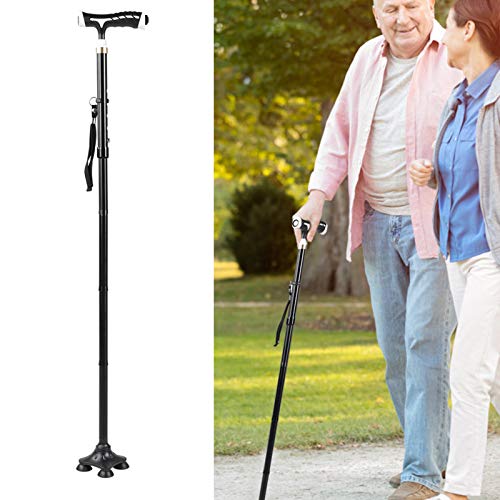 Zhivafip Poteaux d'escalade ExtéRieurs RéGlables - BéQuilles à LED LéGèRes pour Personnes âGéEs, avec Petit Design en Caoutchouc De Quatre Pieds, BâTon De Marche avec PoignéE Pliante