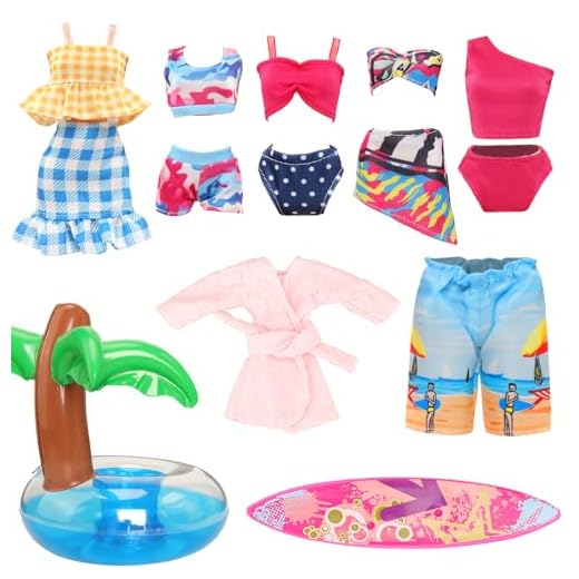 Miunana 9 Kleider Puppenzubehör für Puppen = 1 Badehose + 1 Surfbrett für Jungen Puppen + 1 Strandkleidung + 4 Badeanzug + 1 Bademantel + 1 Rettungsring für Puppen
