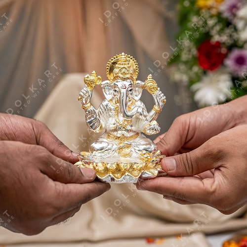 Image of Idolkart 24K Pure Gold and 999 Silver Coated Vastu Lotus Ganesh Idol /Murti for Diwali Puja, Home Temple, Office, Car Dashboard | Ganpati Vinayak Decorative Showpiece (3 inch)