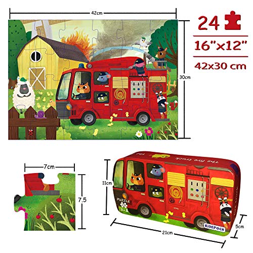 Paper Master Puzzles For Kids Ages 4-8, 24 Pieces Large Fire Truck Kids Jigsaw Puzzles, Professional Preschool Boy Puzzles For Kids Ages 3-5 –16”X12” With Storage Box #TOP3