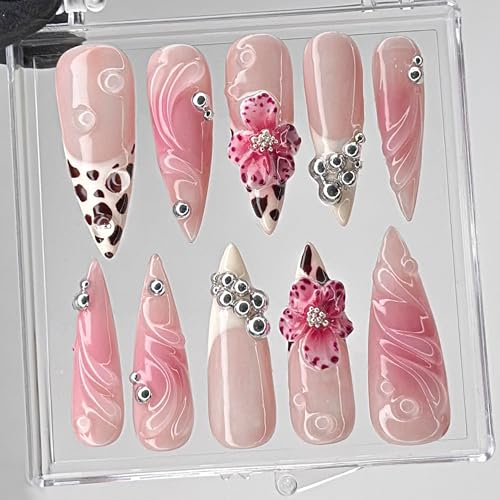Leopard French Tips Press On Nails with 3D Floral Rhinestone Design Pink and Gold Handmade Nails Bold Elegant Press Ons