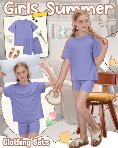 Image of Oakgarden Summer Outfits for Girls 5-14Y Athletic Casual Sets Kid Short Sleeve Shirt Bike Shorts 2 Piece Tween Trendy Clothes