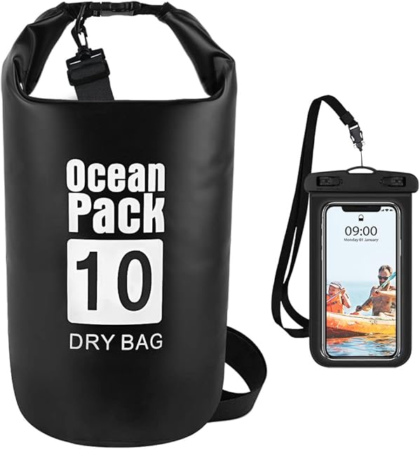 Premium Waterproof Bag, 10L with Waterproof Phone Case Adjustable Shoulder Strap Waterproof Dry Sack Roll Top Perfect for Kayaking Boating Canoeing Camping Fishing Rafting Swimming Snowboarding Black