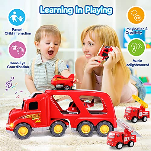 HINZER Fire Carrier Truck Transport Car Play Vehicles Toys for 3 Year Old Boys and Girls- 5 in 1 Friction Power Push and Go Play Vehicles