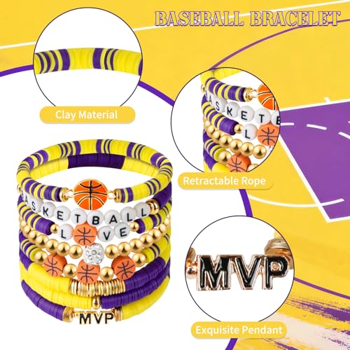 image for AKAIXI Basketball Stretch Bracelets, Purple and Gold Clay Beaded Brace