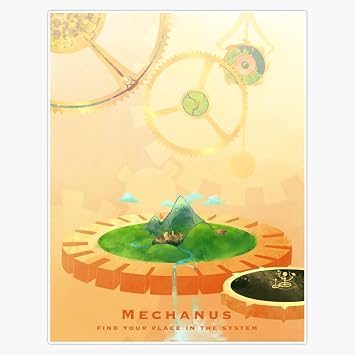 Retro Clockwork Mountain Island Fantasy Travel Poster Art - Vintage Style Gaming Adventure Decor - 5" Vinyl Decal Bumper Sticker