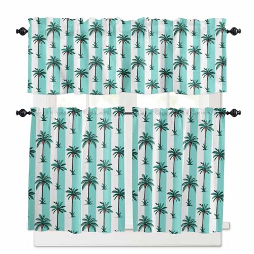 Palm Tree Striped Kitchen Curtains 24 Inch Length,3 Piece Rod Pocket Small Half Tiers and Valance Set,Summer Tropical Plant Turquoise Lines Small Large Window Treatment Decor for Bedroom/Bathroom
