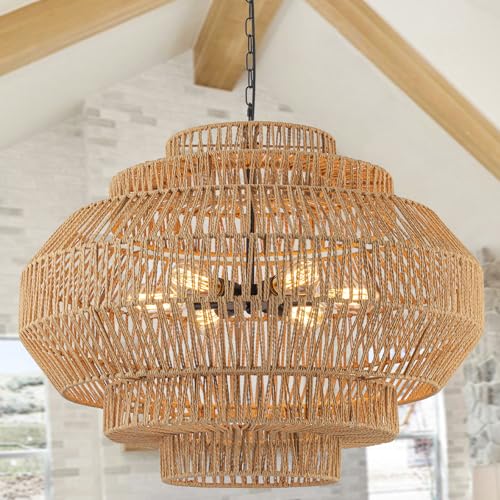 Large Rattan Chandelier Boho Pendant Light Fixture Dinning Room Chandelier Boho Hanging Light 31.5IN Basket Light Woven Rattan Pendant Light for Kitchen Island Hallway Bedroom Farmhouse Living Room