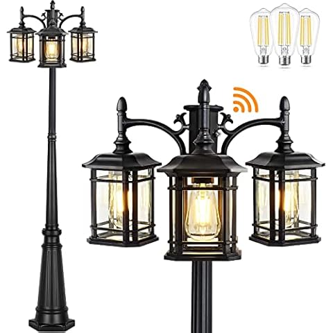 PARTPHONER Dusk to Dawn Outdoor Lamp Post Lights, Black Light Pole with Clear Glass Panels (3 LED Bulbs Included), 3-Head Hardwired Waterproof Outside Street Lights for Backyard Garden Driveway Cover