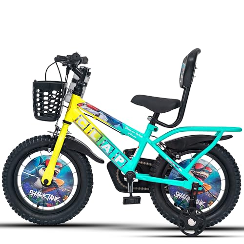 Image of Shark Tank 14T Kids Bicycle for Boys & Girls with Inbuilt Carrier, Front Basket, PU Soft Seat, Full Chain Cover & Stylish Wheelcards (Yellow /Sea Blue)