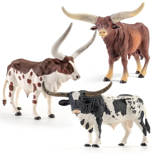 Totsmile 3PCS 6' Texas Longhorn Bull-Farm Animals Figurines for Kids 3 4 5+, Solid Plastic Bull Toys Farm Animals for Boys Girls, Birthday Gift Cake Toppers Party Favors for Cow Bull Toys Lovers