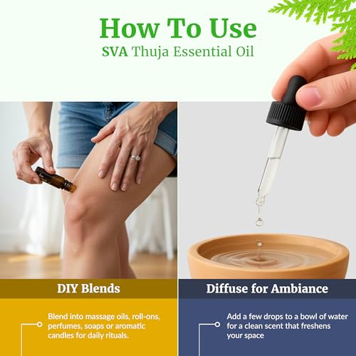 Image of SVA Thuja Essential Oil 4 Fl Oz - for Diffuser, Skin & Hair Care - Ideal for Massage & DIY Blends - with Dropper