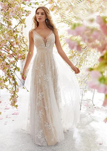 Wolfet Women Sleeveless Embroidery Wedding Dresses V Neck Sheer Mesh Bridal Gowns Lace Formal Bridal Dresses Elegant Maxi Dress A,L #TOP1