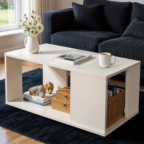 Image of ABOUT SPACE Coffee Table - Portable Wooden Centre Table with Open Storage - Furniture - Sofa /Tea /Teapoy for Living Room, Home, Office (White - L 80 x B 40 x H 42 cm)