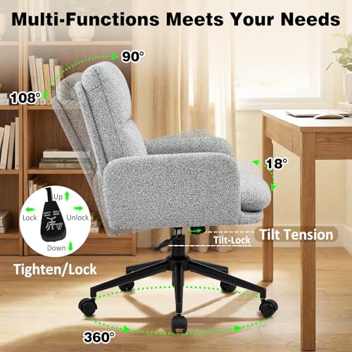 Image of Comfortable Ergonomic Office Chair, Upholstered Desk Chair with Double-Layer Cushioning, Adjustable Height Swivel Task Chair with Padded Armrests, Rolling Wheels and Metal Base, Light Grey