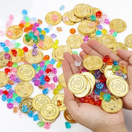Binlava 250 Stück Piraten Goldmünzen Set 50 Goldmünzen Kinder und 200 Edelsteine für Piratenschatz Goldtaler Schatzsuche Schatztruhe Kinder Schatzkiste Kindergeburtstag Mitgebsel und Piratenparty
