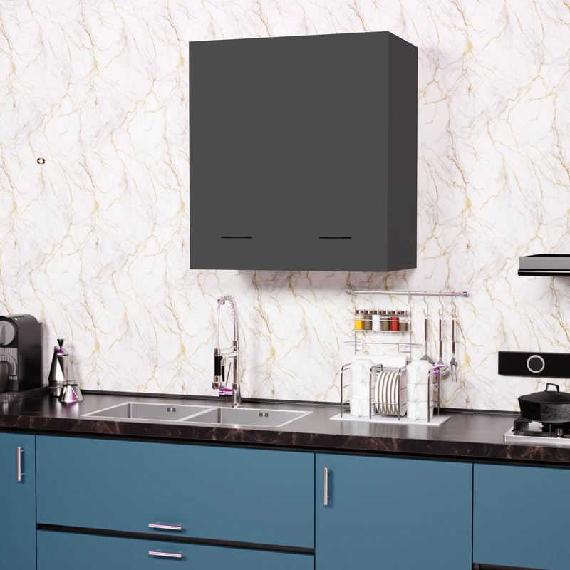 Image of 2 Door Wall Mounted Cabinet with Adjustable & Fixed Shelf | Engineered Wood Storage for Kitchen, Bathroom, Office & Living Room | DIY Assembly | Color: Grey | Size: 60 x 33 x 63.8 cm