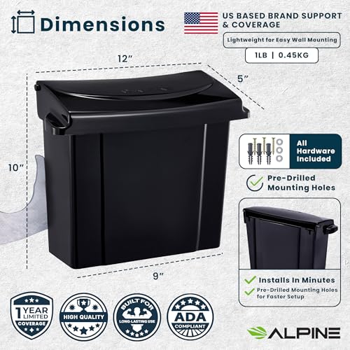 Image of Alpine Sanitary Napkin Receptacle - Feminine Hygiene Disposal Container, Wall Mounted Trash Can with Odor Control Seal & Installation Hardware (Black)