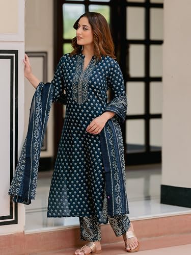 Image of Arayna Women's Pure Cotton Printed Kurta Pant Dupatta Set with Hand-Finished Embroidered Neckline | Straight Ethnic Suit Set for Women
