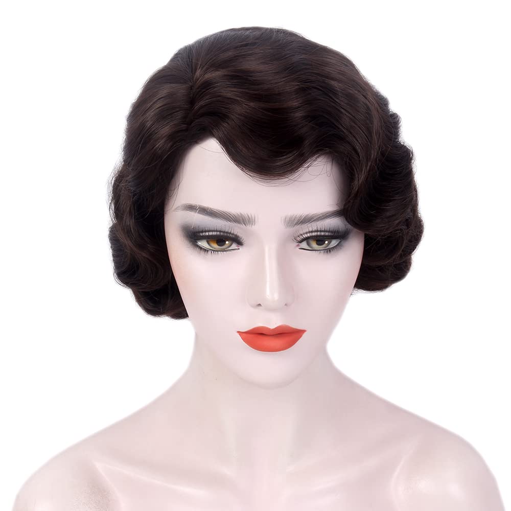 REEWES Short 1920s Finger Wave Wig - Curly Synthetic Heat Resistant Full Wig With Cap, Brown(Short) - Image 2