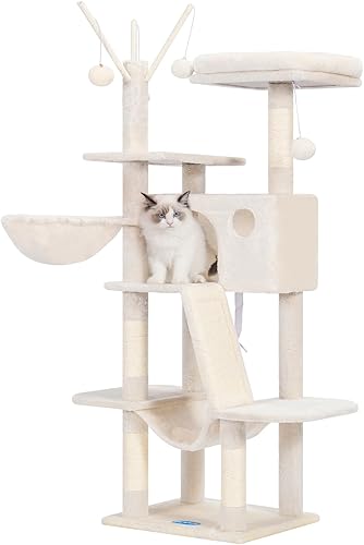 Hey-brother Árbol para gatos, torre para gatos de 53 pulgadas para gatos de interior, casa para gatos con cama de plataforma acolchada, bolas
