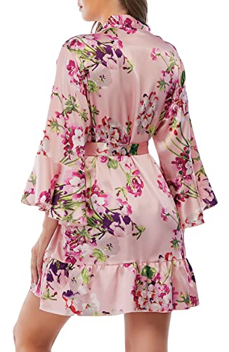 Escalier Women's Silk Robe Kimono Bridesmaid Robes With Ruffle Hem V-Neck Floral Short Satin Wedding Bridal Party Robe,Pink Floral Xl. #TOP5