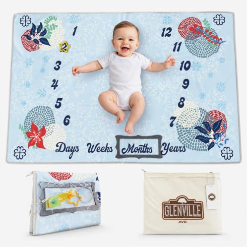 Reversible 100% Organic Cotton Baby Milestone Blanket for Boys & Girls, Ultra Soft 40 x 60 Baby Blanket with Festive Design for Photos, Tummy Time & Crib, Hypoallergenic with Carry Case & Age Markers